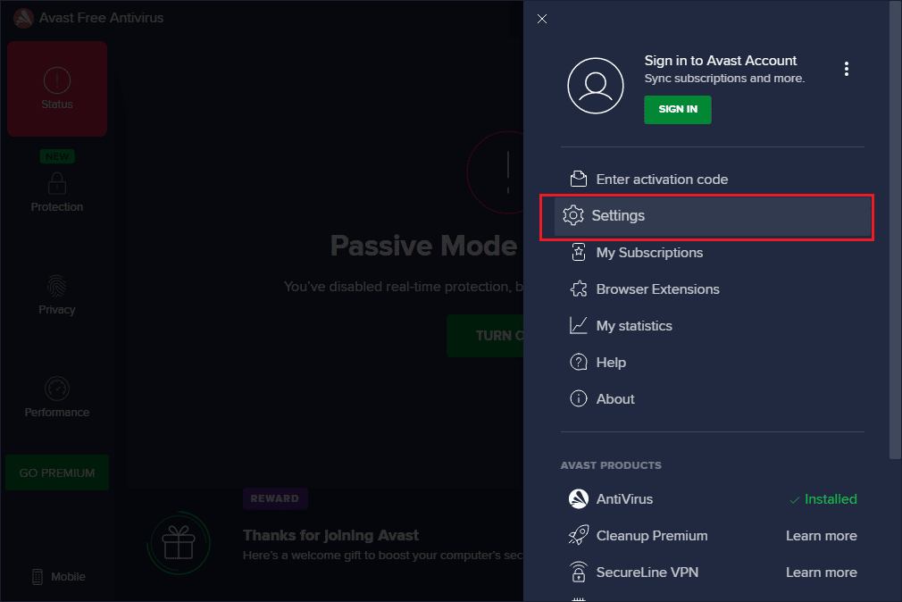 Launch Avast Antivirus and navigate to Menu and Settings