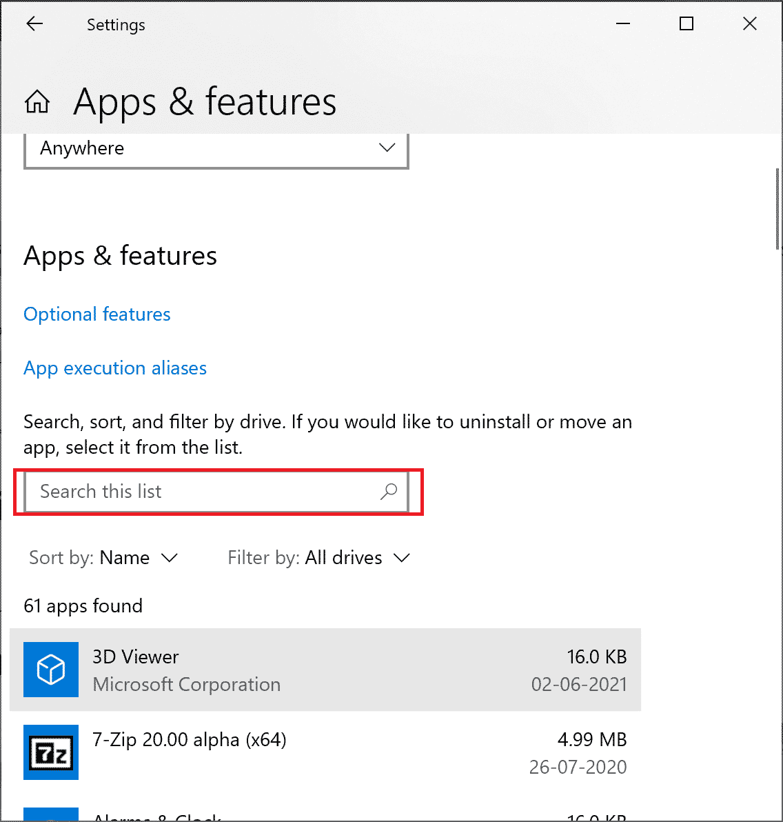 search for app in apps and features
