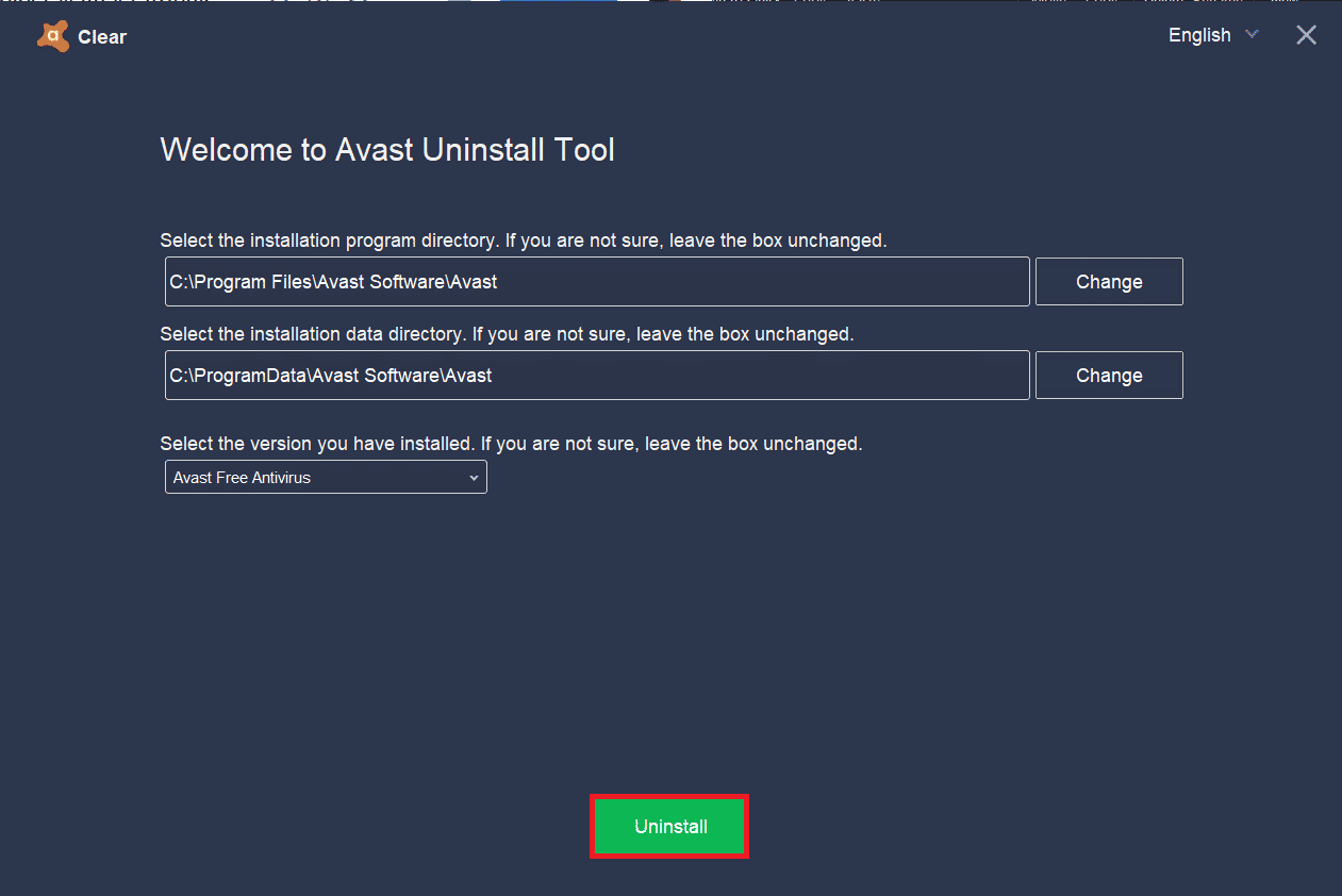 click on Uninstall to get rid of Avast and its associated files