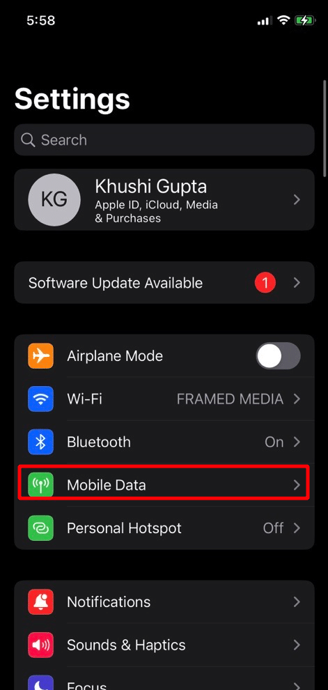 tap on mobile data option