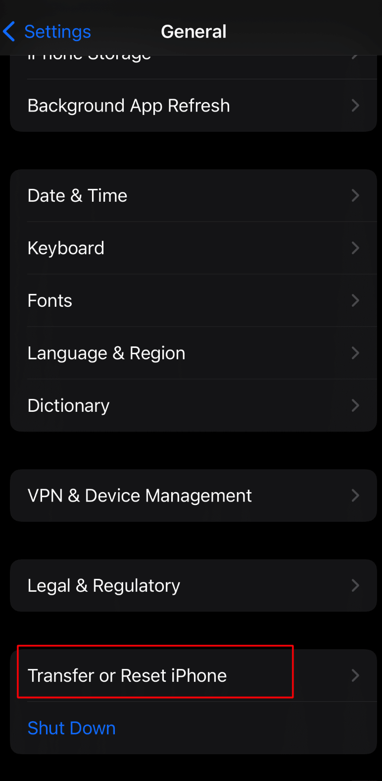 click on transfer or reset iphone
