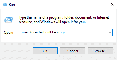 Now, type runas user Admin taskmgr in the Run dialog box and hit Enter.