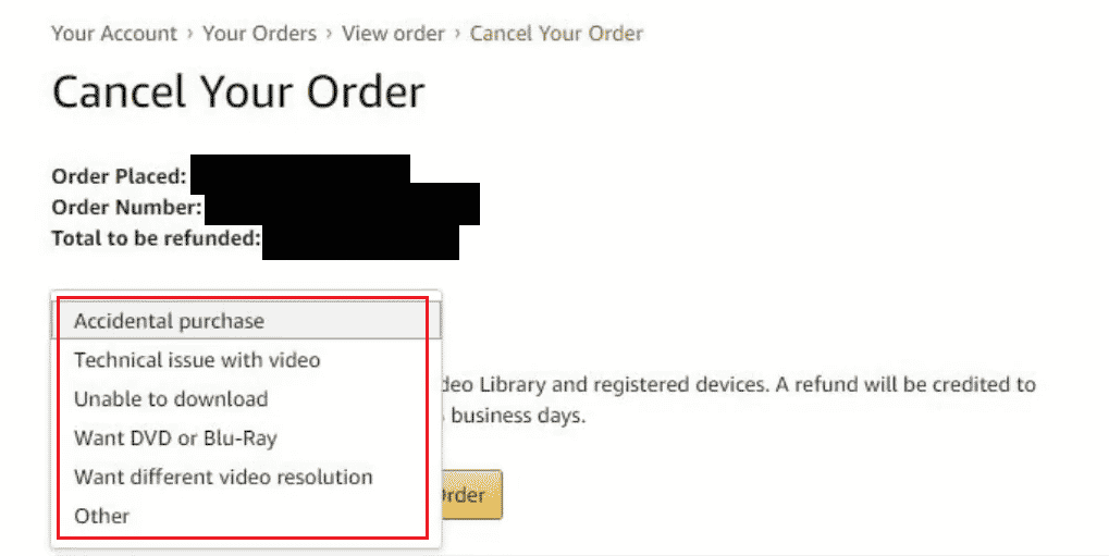 choose the desired reason for cancellation