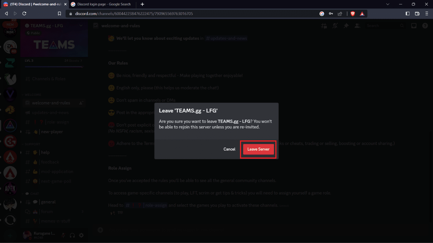Click on Leave Server again.