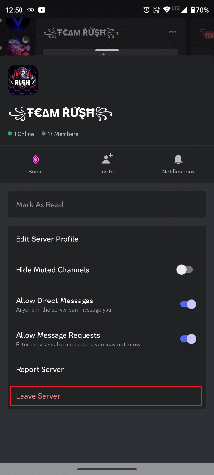 Scroll down and tap on Leave Server.