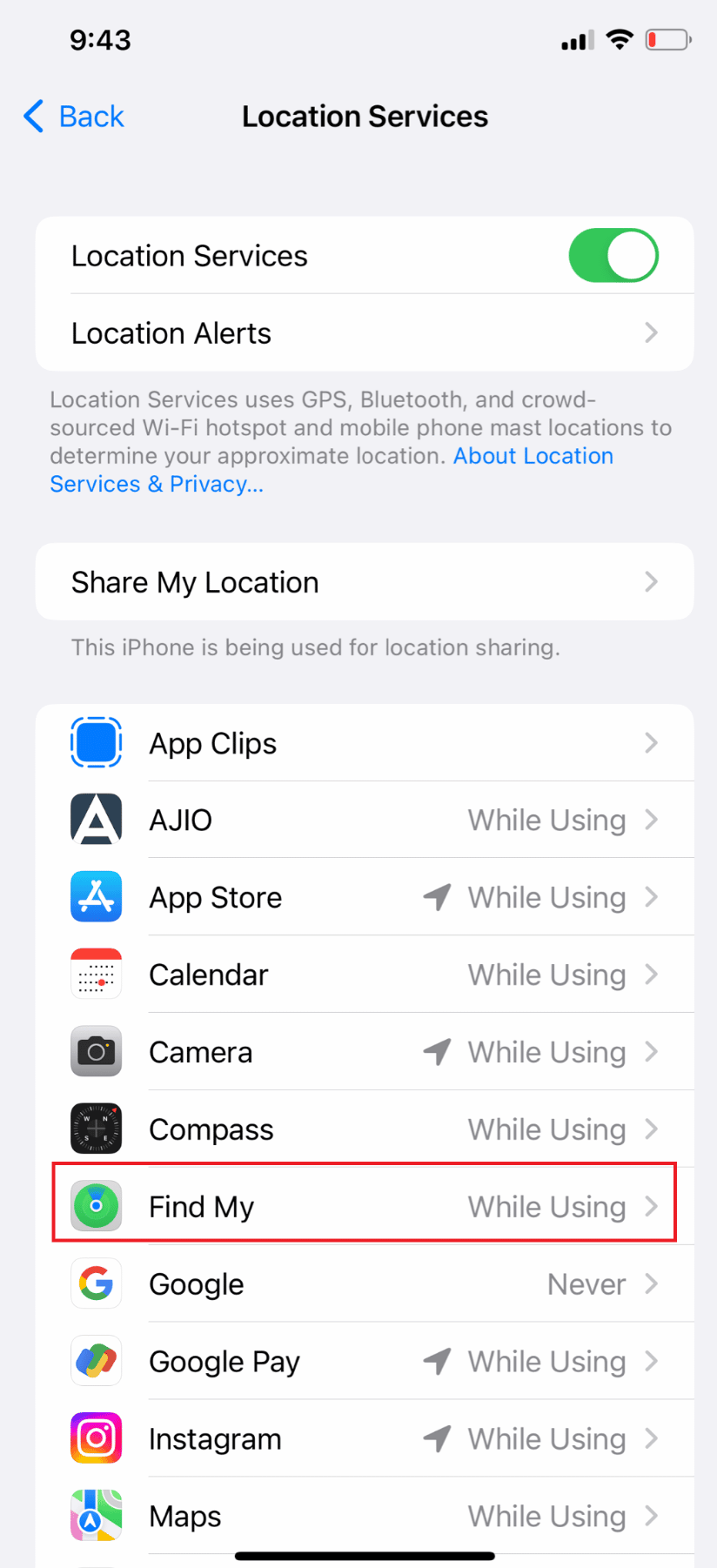 Enable location settings for Find My and Message | location not available iPhone iMessage