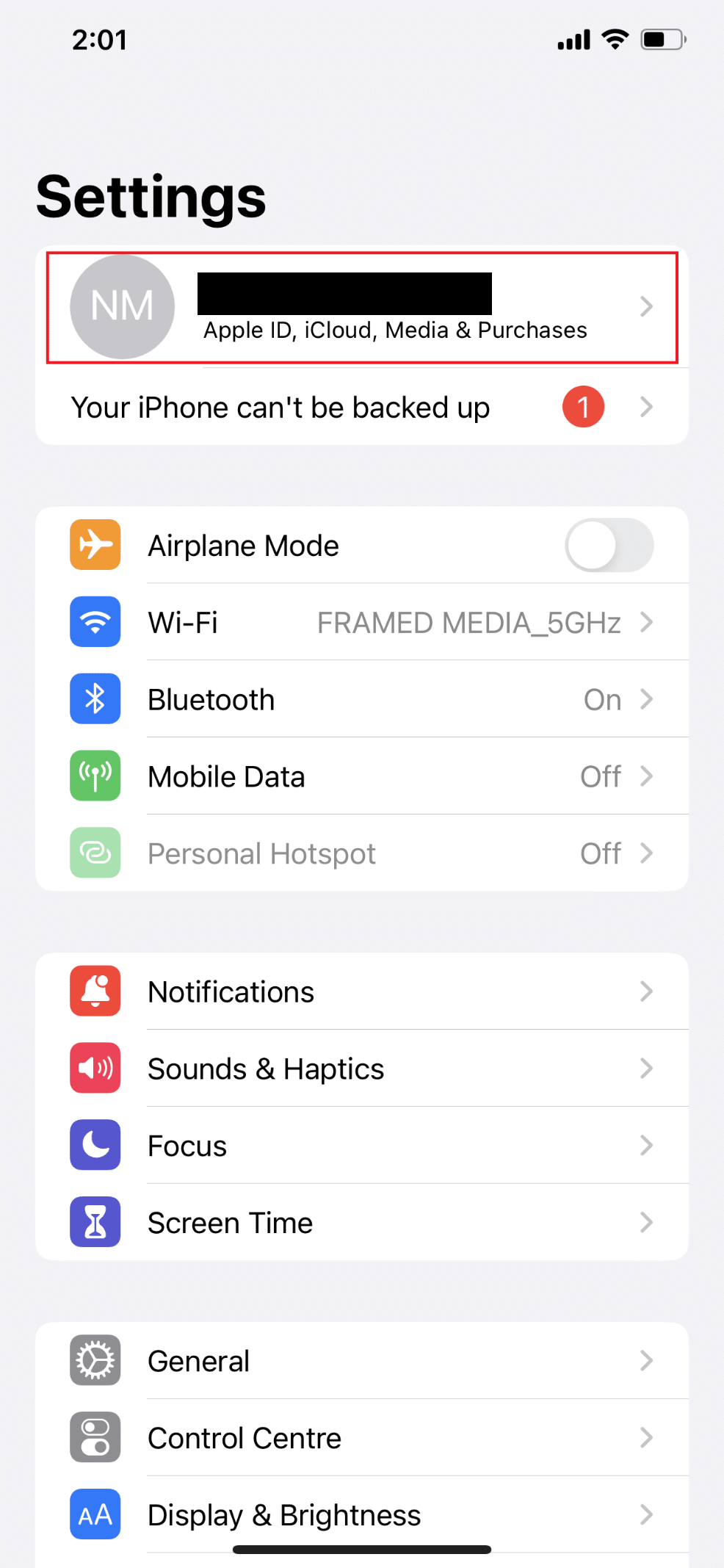 Tap on the Apple ID at the top