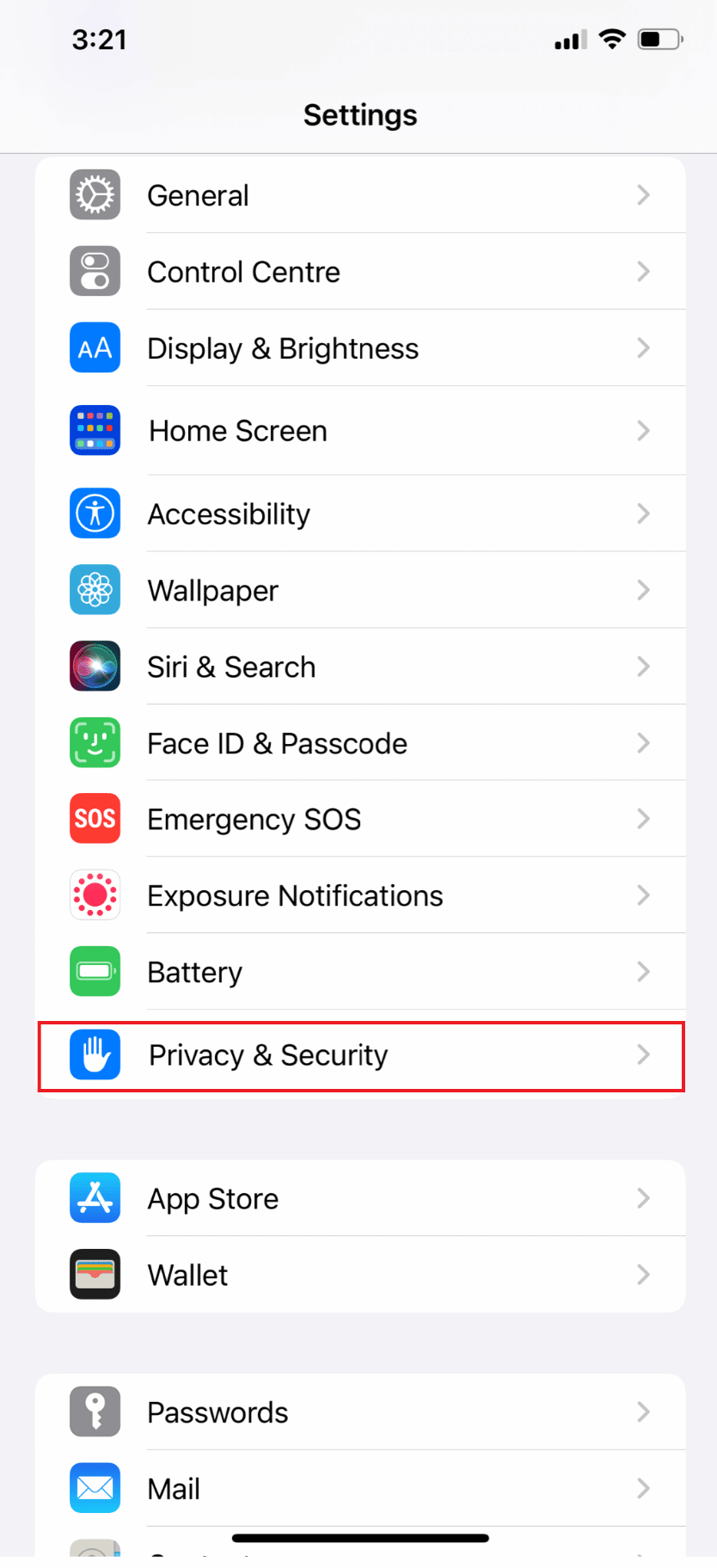 go to settings and Tap on Privacy & Security option | location not available iPhone iMessage