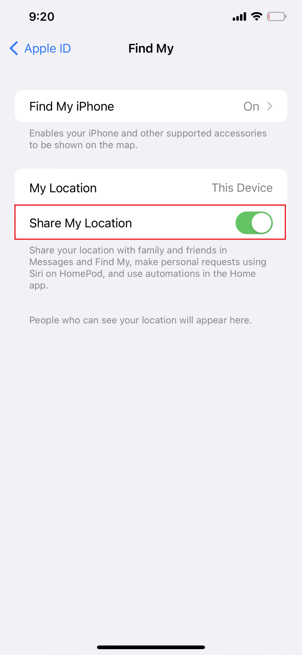 Toggle on Share My Location. 