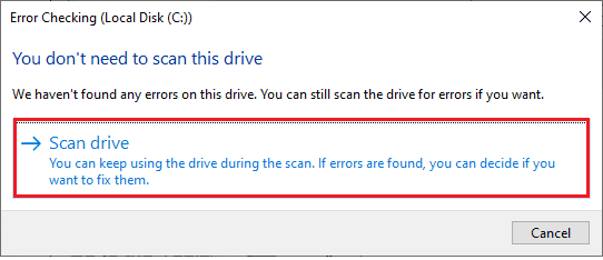 click on Scan drive or Scan and repair drive in the next window to continue