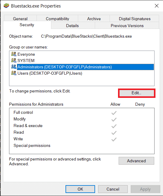Click on the Edit button inline with To change permissions and click Edit