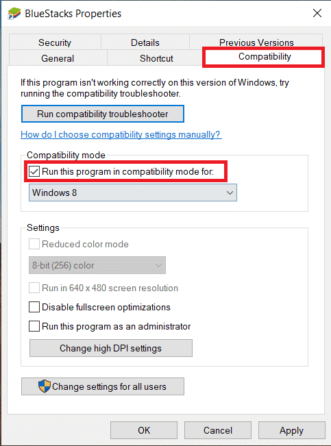 Check Run this program in compatibility mode for in the compatibility tab