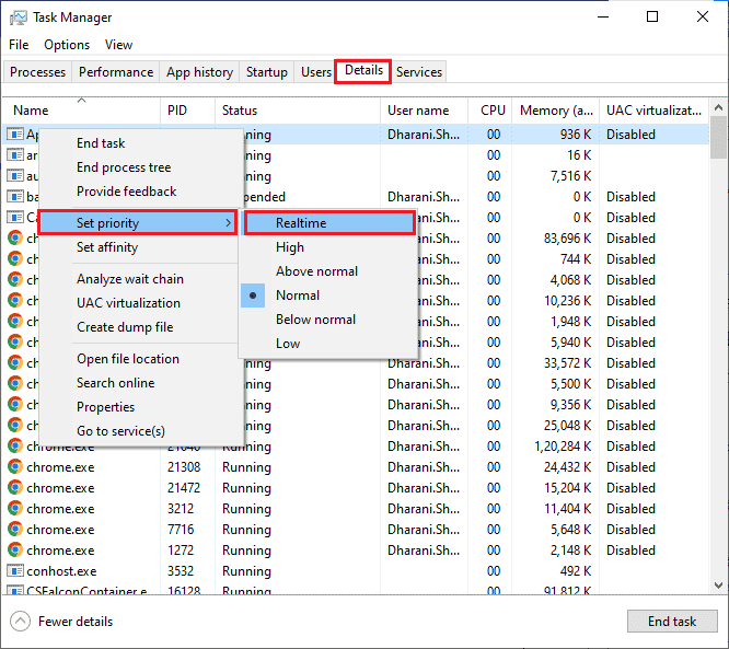 go to the Set Priority option and then choose Realtime