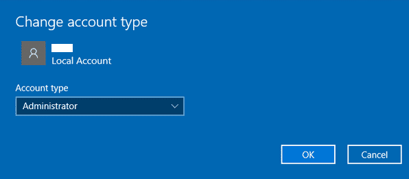 change the Account type to Administrator and click OK