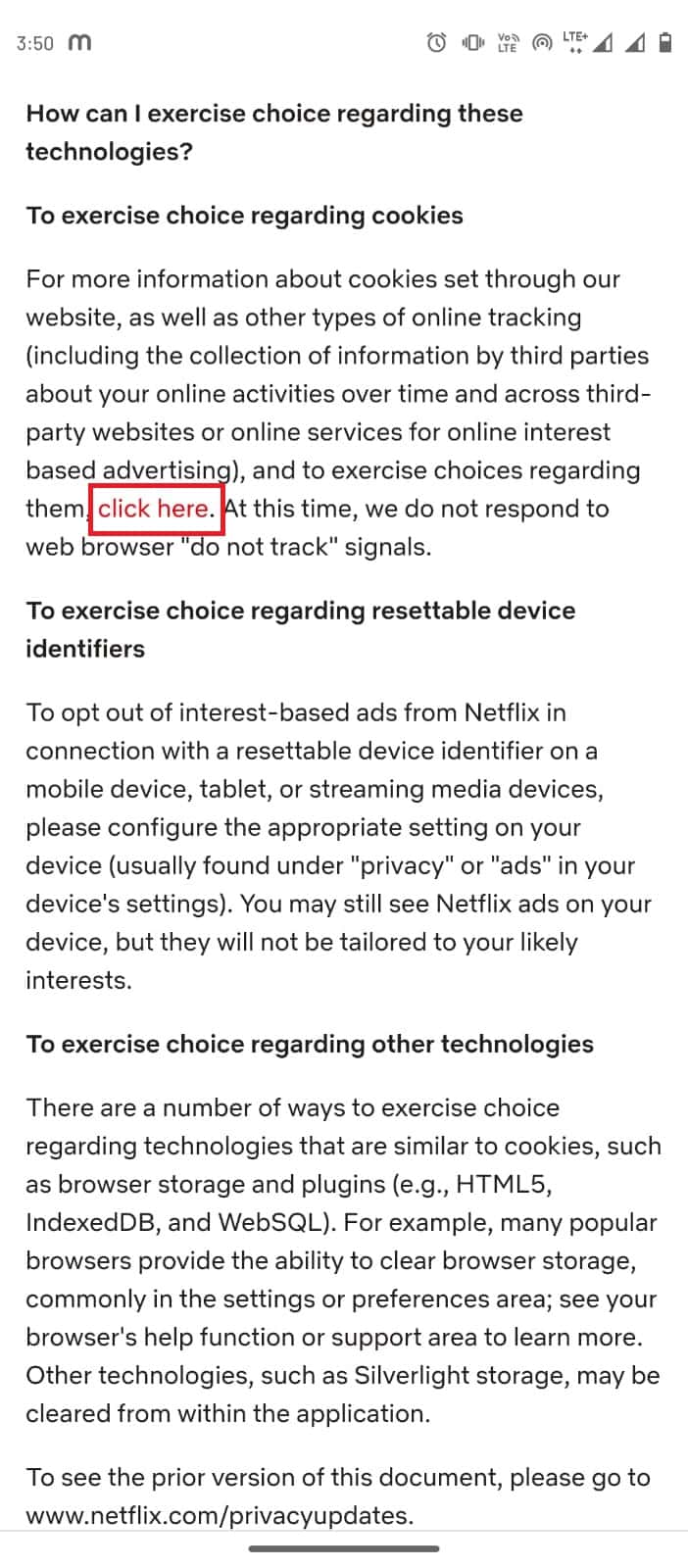 Tap on click here under to excercise choice regarding cookies