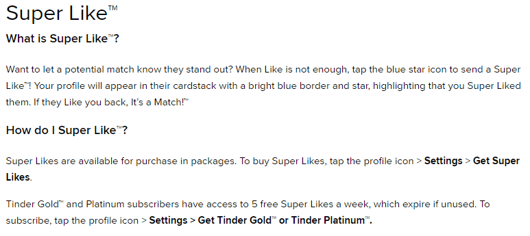 Tinder Super Like Help page | How to Cancel My Tinder Gold Subscription