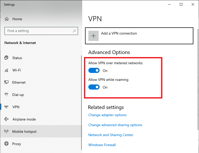 disconnect the active VPN service and toggle off the VPN options under Advanced Options