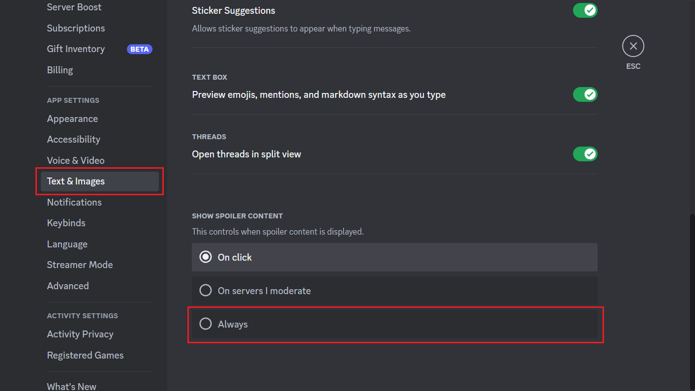 Text & Images - Always radio button from the SHOW SPOILER CONTENT section | How to Hide Images on Discord Mobile