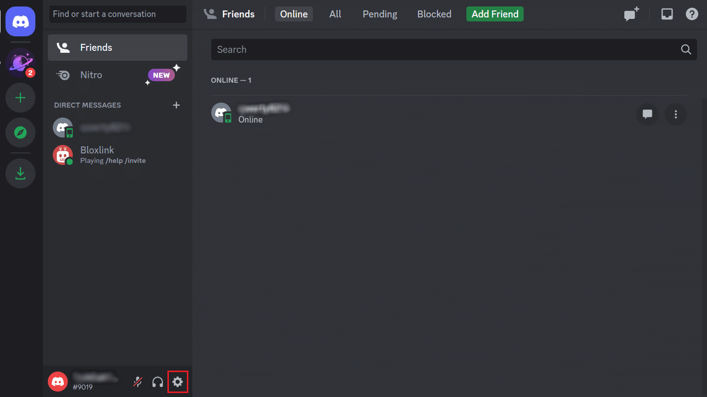 Discord account - Settings gear icon