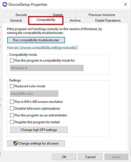 Click on the Compatibility tab
