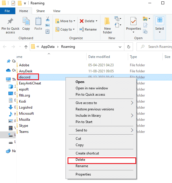 right click on the Discord folder and select the Delete option to remove them