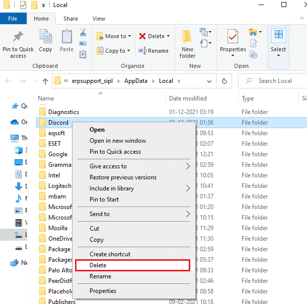 Find the Discord folder by using the search menu and delete it