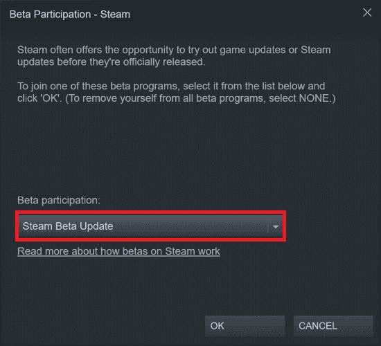 Click on the down arrow to open the dropdown list under the Beta participation option