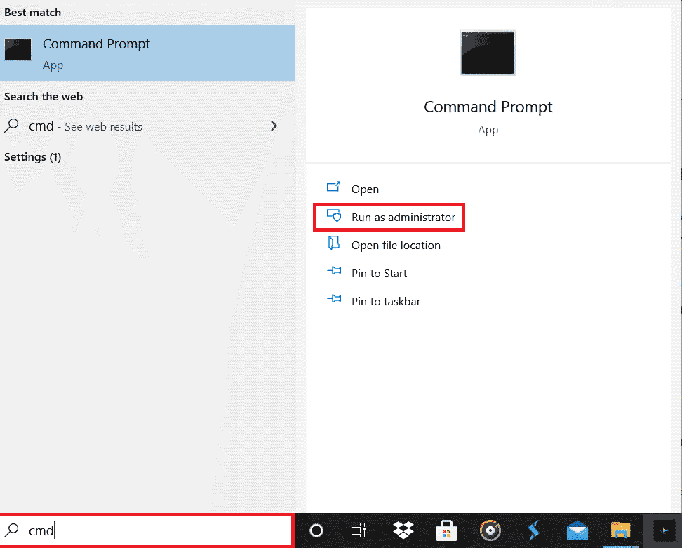 Type cmd in the Windows search bar and click on Run as administrator