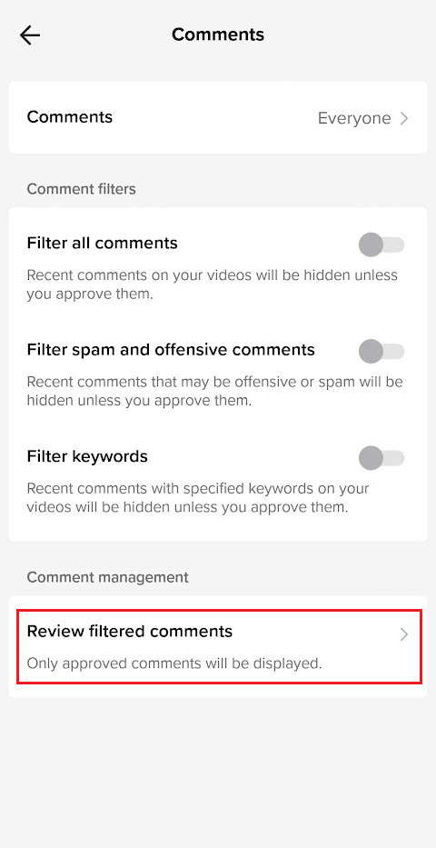 tap on Review filtered comments | How to Limit Comments on TikTok