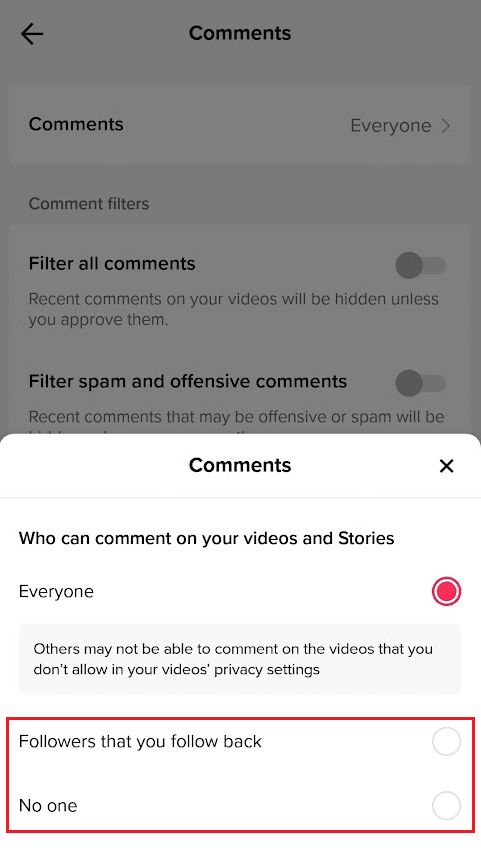 Followers that you follow back OR No one radio button | How to Limit Comments on TikTok
