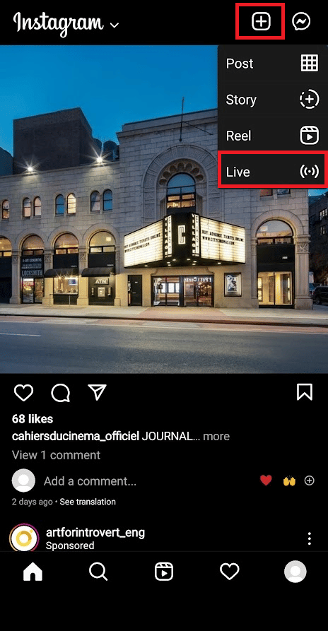 Plus (+) icon - Live option Instagram | How to Watch Instagram Live Anonymously