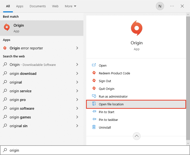 Press the Windows key and type Origin and then click the option Open file location