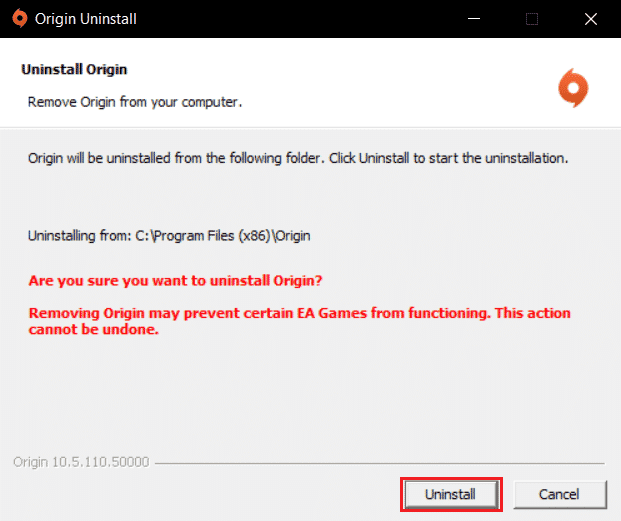 click on Uninstall in the Origin Uninstallation wizard