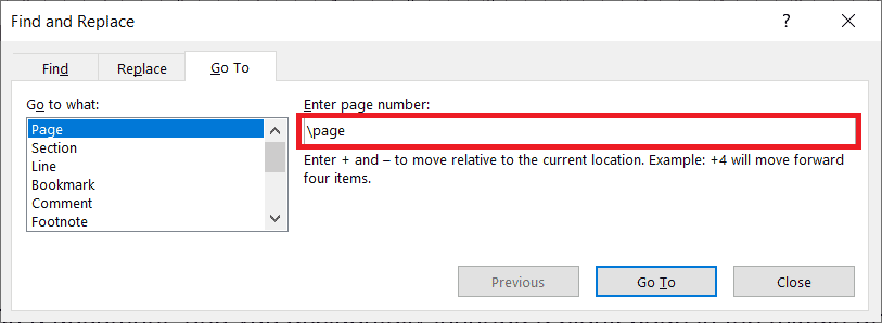 type slash page instead of the page number and press the Delete key 