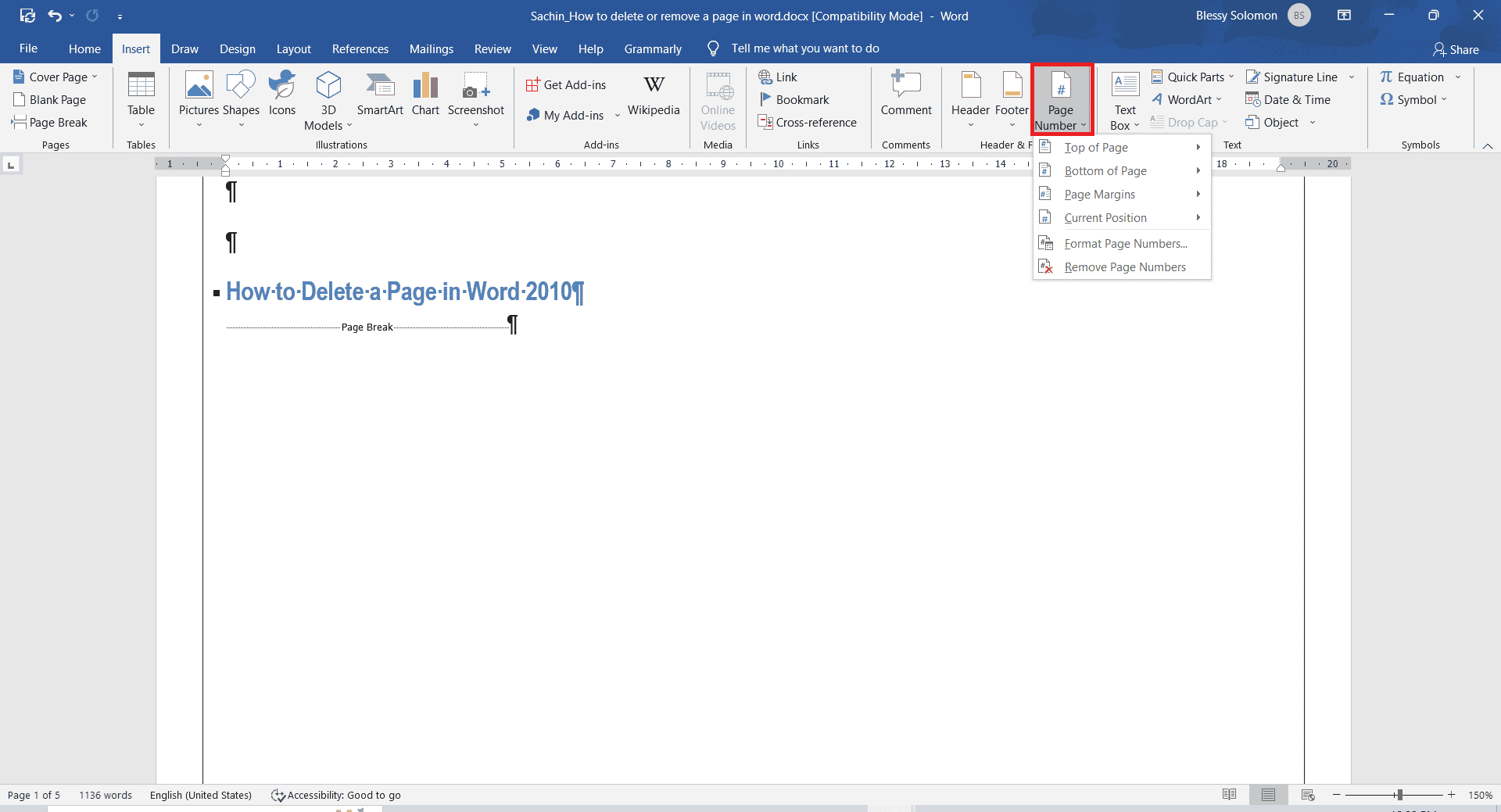 Click on the Page Number dropdown and choose the top or bottom of the page style for the number