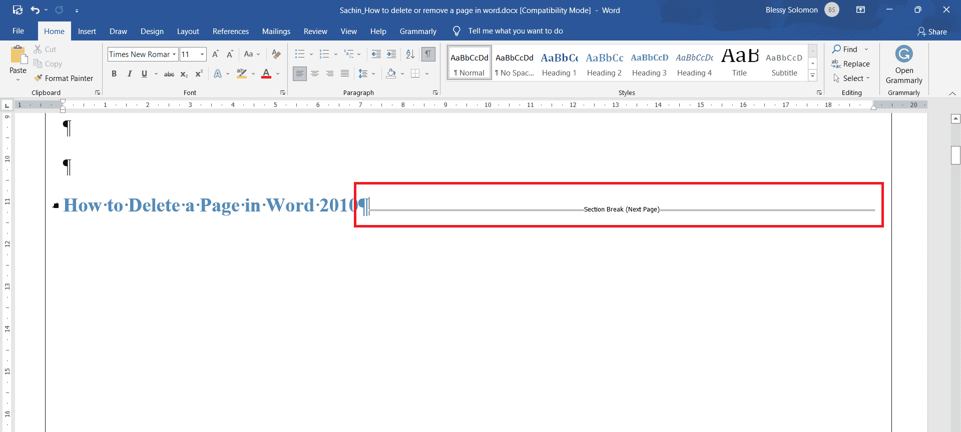 Place the cursor before the Section Break