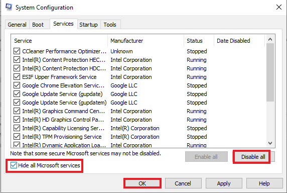 Check box for hide all Microsoft services and click disable all
