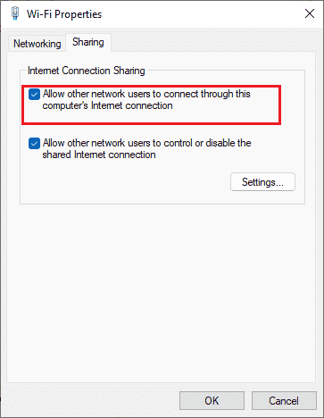 Allow other network users to connect through this computer internet connection in Wifi properties sharing