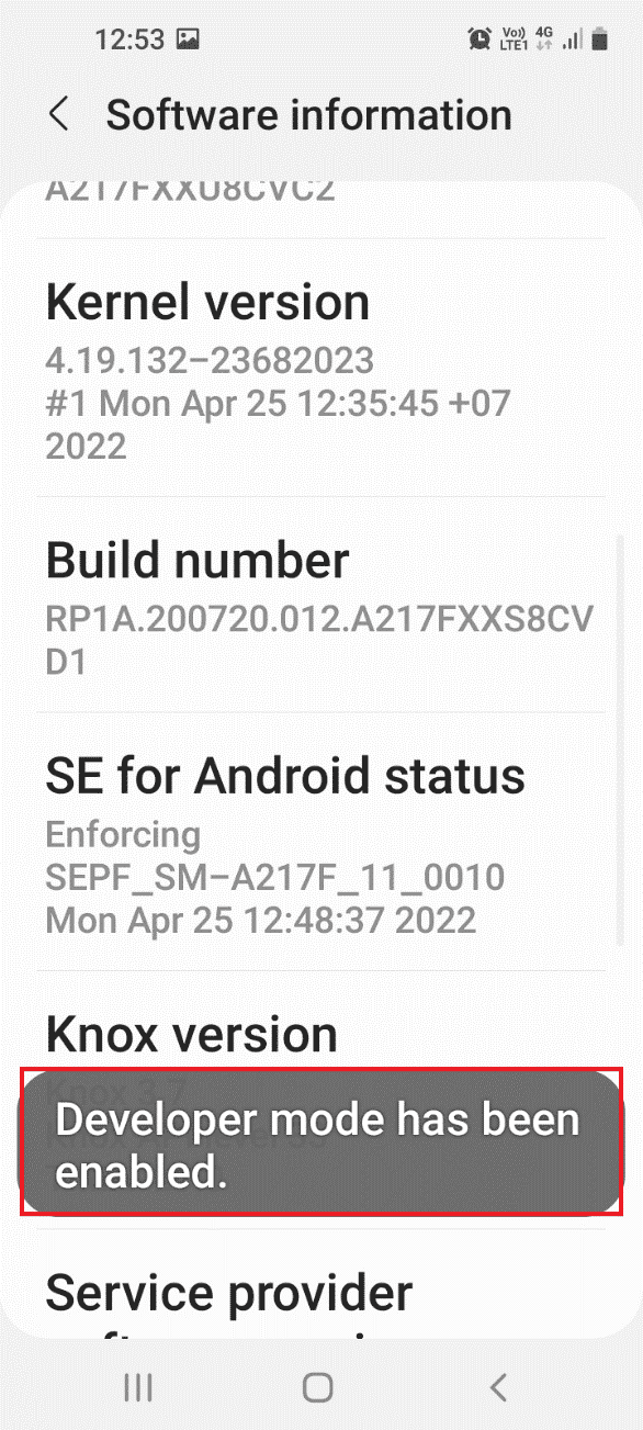 The Developer mode has been enabled message would be displayed