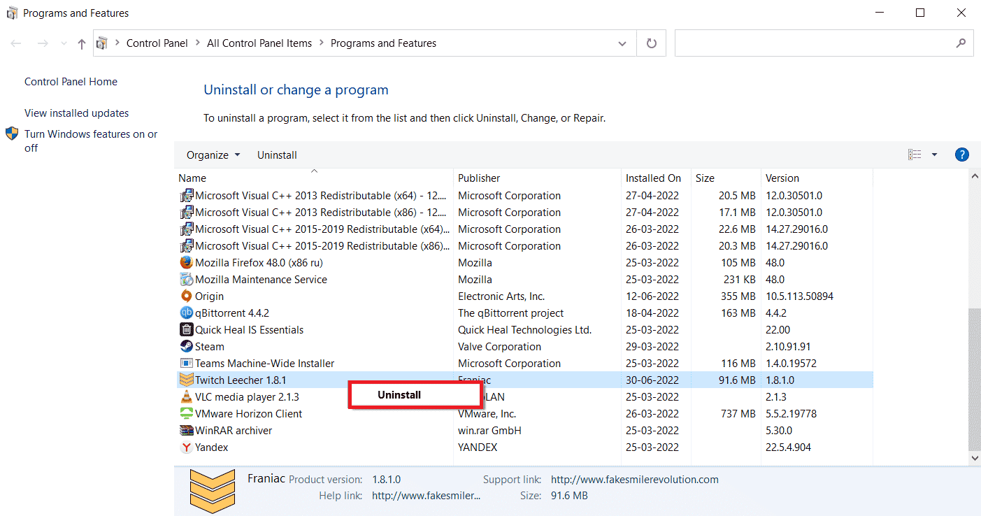 Click Uninstall. Fix Twitch Leecher Download Error