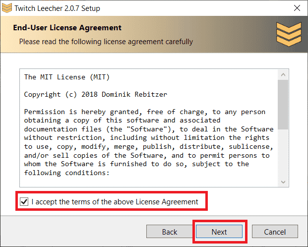 Checkmark the license agreement and click Next