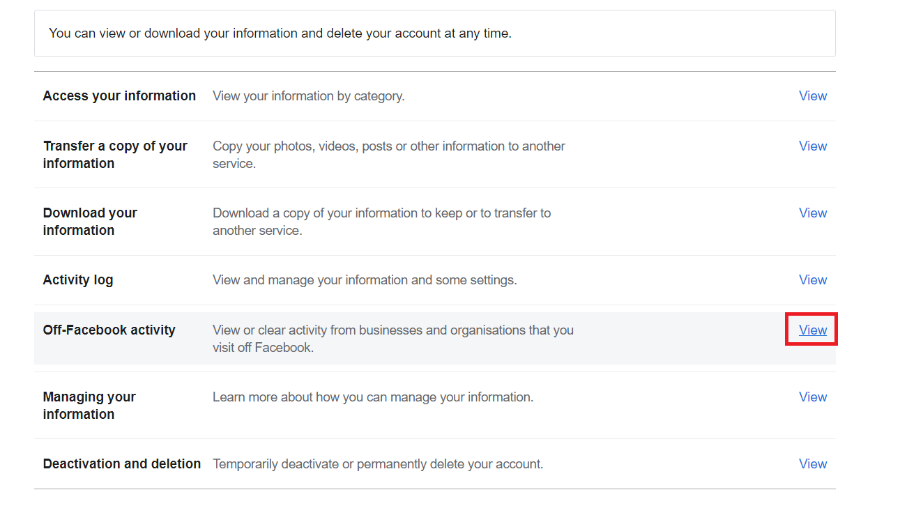 Click on View adjacent to the Off-Facebook activity option