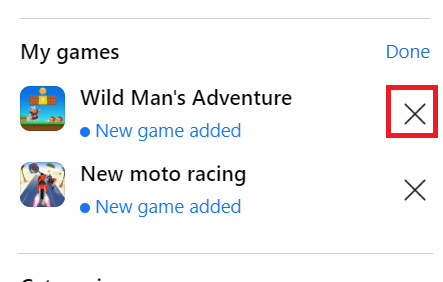 Click on the X icon next to the game you want to remove