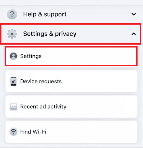 Tap on the Settings & privacy - Settings options | How Do I Delete All Activity Log on Facebook