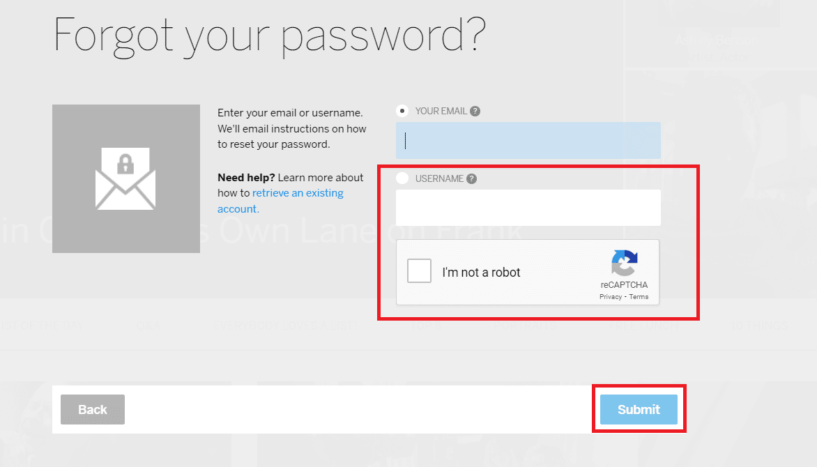 Enter the username, verify the reCAPTCHA, and click on Submit