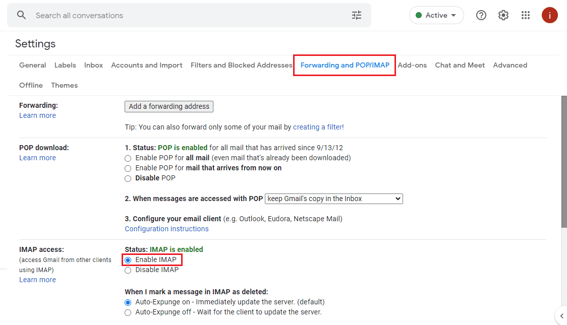 Select Enable IMAP
