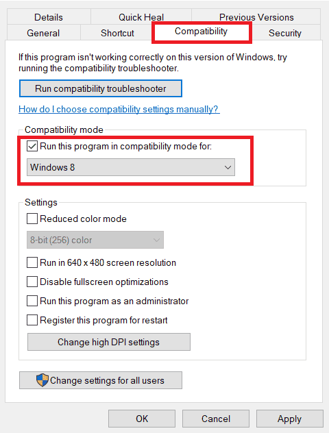 Switch to the Compatibility tab