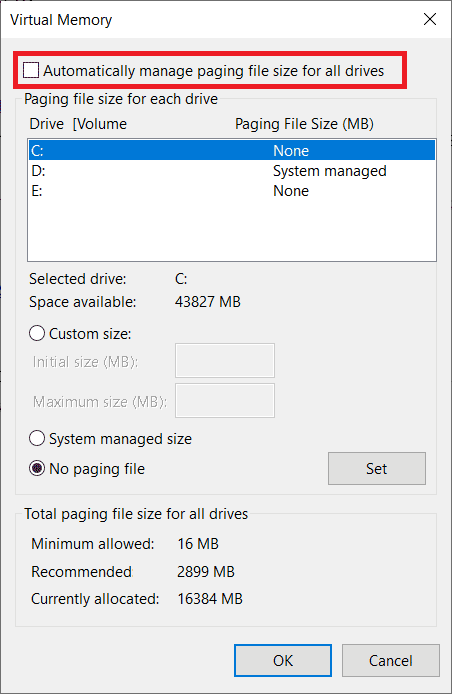 Uncheck Automatically manage paging file size for all drives option 