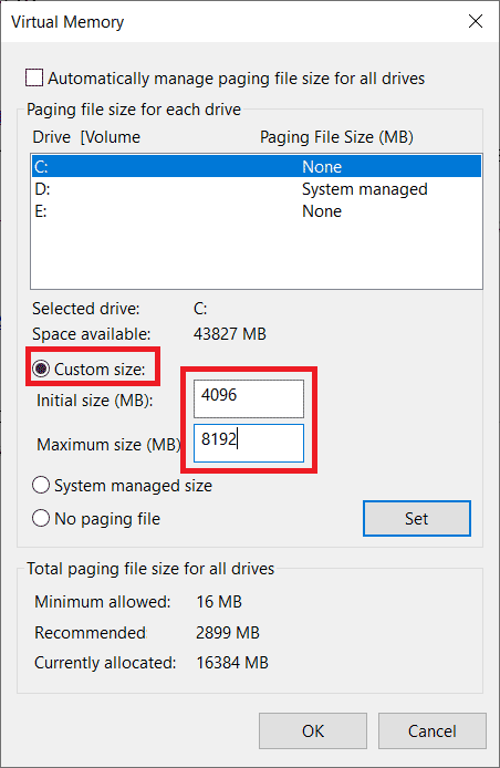 Alter Custom Size options