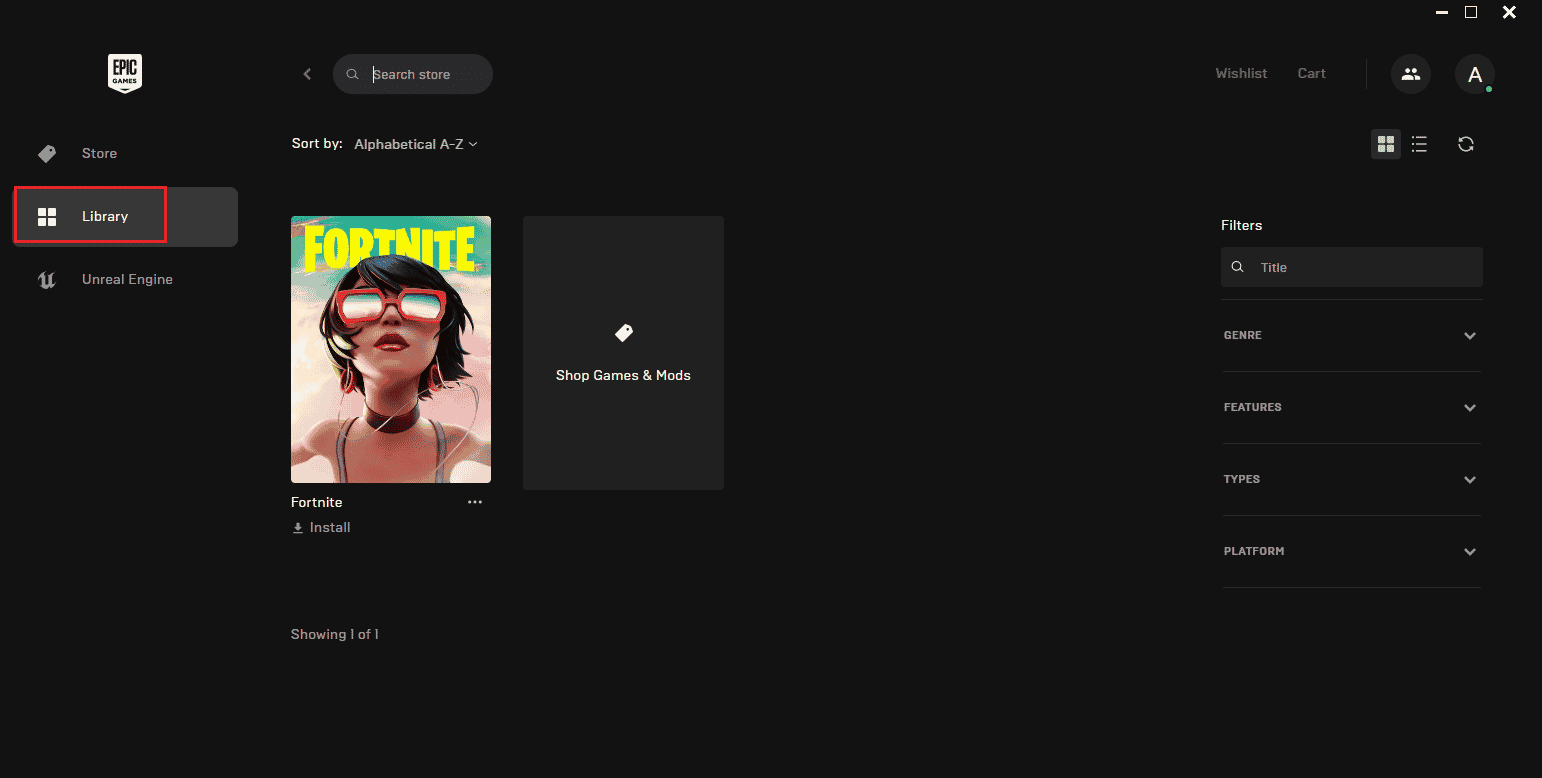select library menu in Epic games launcher